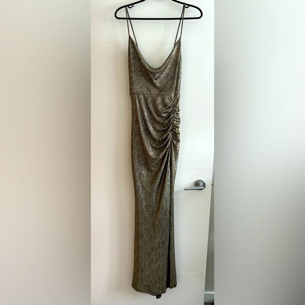 Dark Metallic Gold Floor-Length Gown with Side Slit & Ruched Details - NWOT